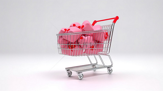 3D 渲染的购物车，带有粉色纸袋，白色背景上装饰着红心