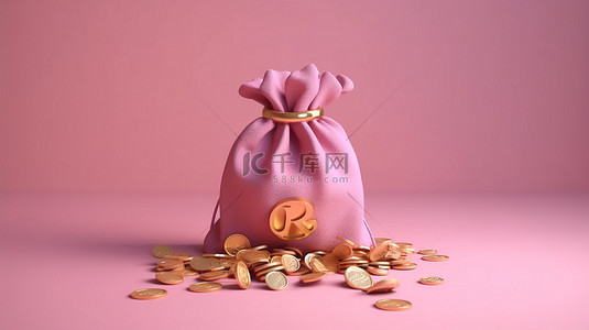粉红色背景上抓着一袋金币的卡通手的 3D 渲染