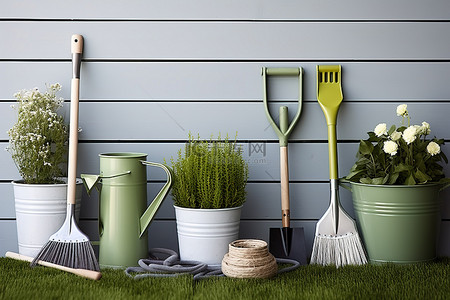 一系列有吸引力的园艺工具，包括园艺工具和扫帚