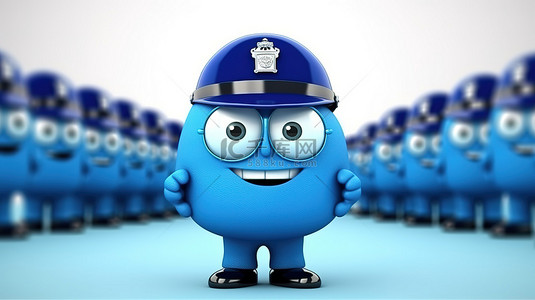 卡通照片墙背景图片_蓝皮书吉祥物在警察阵容背景 3D 渲染的极端特写中摆出照片的姿势