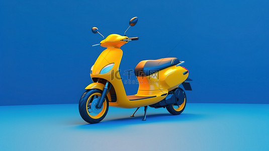时尚的黄色城市在 3D 充满活力的蓝色背景下骑着摩托车