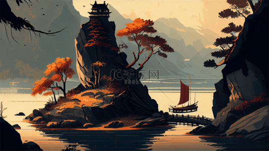 河流中国风格插画背景