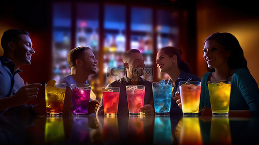 鸡尾酒背景图片_一群朋友在酒吧享用鸡尾酒的 3D 合成图像