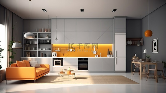 厨房内部的 3D 渲染，配有时尚的橱柜和时尚的客厅家具