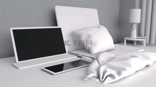 家庭办公必需品 3d 插图，平板电脑笔记本电脑和智能手机设备在早上时间在床上有白色屏幕