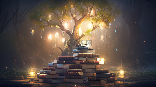 童话森林烛光下的一堆书