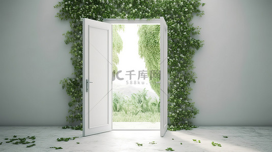 思路决定出路背景图片_未来派 3D 渲染抽象白色门，通向郁郁葱葱的绿色环境