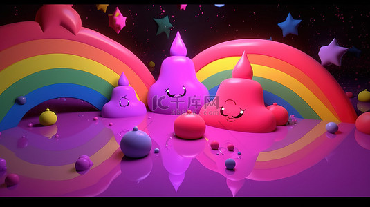 3d 卡通渲染中的夜间粉色彩虹和星空