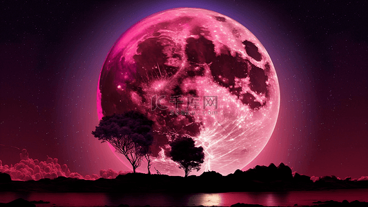 月亮树木背景图片_月亮粉色梦幻树木背景