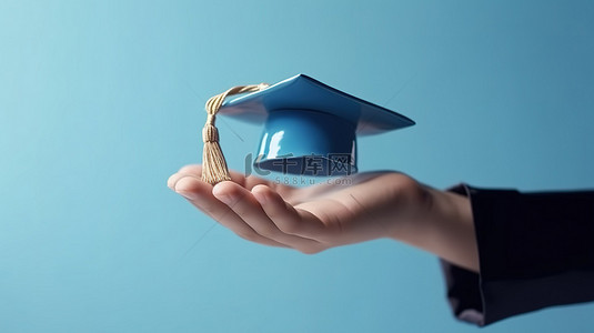 学校毕业背景图片_蓝色背景插图中手持庆祝学校毕业帽的结束