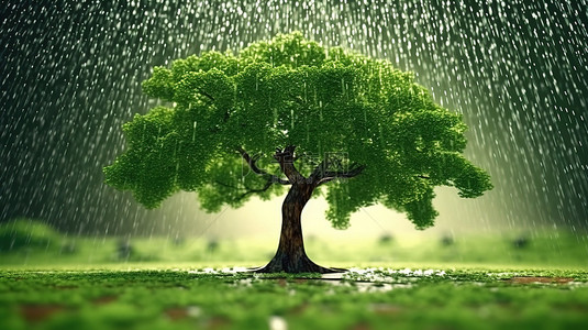 3d 渲染一棵雄伟的树在郁郁葱葱的绿树中矗立在雨中