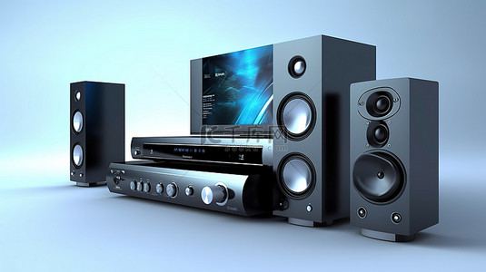 高品质背景图片_铝制 DVD 接收器和家庭影院系统，配有高品质扬声器和 3D 低音炮