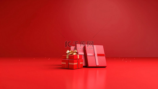 3D 渲染红色背景，包含新年快乐和圣诞礼品卡