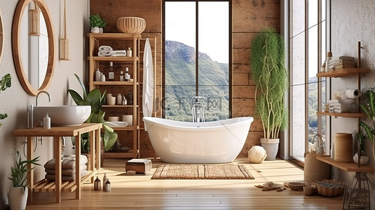 家居室内天然波西米亚木制浴室家具 3D 渲染插图