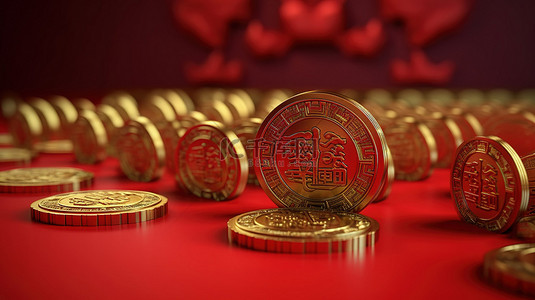 喜庆红色背景上的中国元宝锭 3D 金币，非常适合商务或假日主题