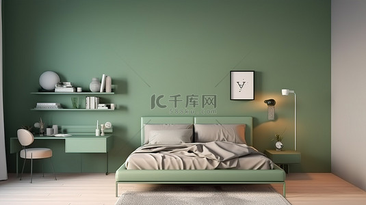 现代青少年卧室采用清爽的绿色，配有床头柜和墙上的模型海报 3D 渲染