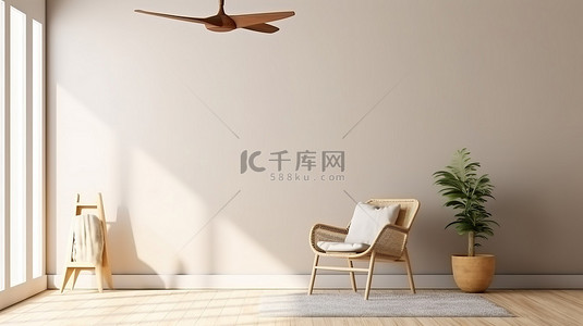 空墙背景 3D 渲染，在宁静的室内模型中使用木椅桌和风扇