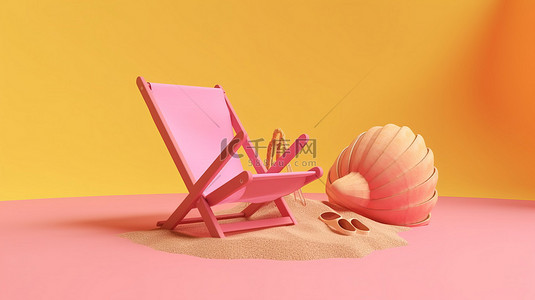粉色沙滩椅和人字拖在 3d 渲染中从背面看到充满活力的黄色背景