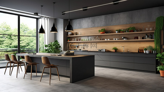 现代灰色厨房 3D 渲染内饰