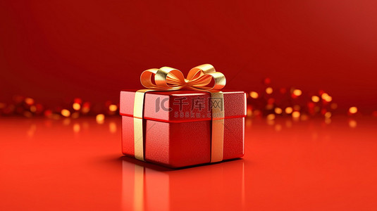 红金色丝带背景图片_红色背景下金色丝带红色礼品盒的 3d 插图