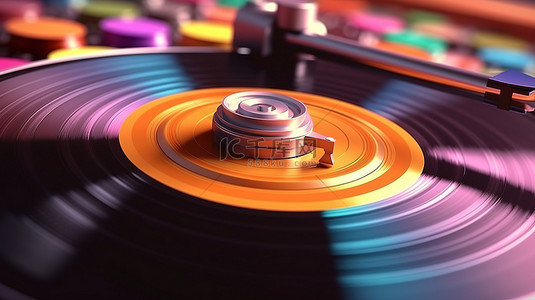 黑胶唱片播放音乐的旋律主题 3D 插图，具有充足的复制空间