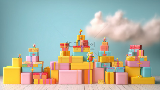 水磨石背景图片_色彩缤纷的儿童平台的 3D 渲染，配有柔和的云背景，用于节日庆典