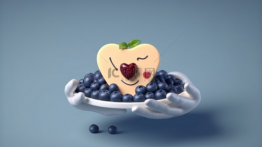 厨师卡通手的 3D 渲染插图，在盘子上呈现带有蓝莓的心形芝士蛋糕