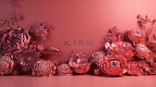 3d 呈现的粉红色背景中的花卉优雅