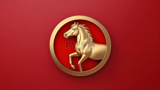 优雅的马徽 3D 渲染社交媒体马图标，红色哑光金板上金色色调