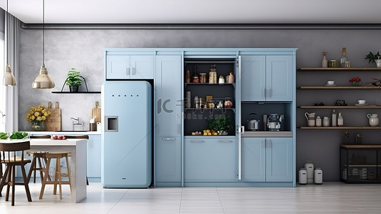 3D 渲染经典厨房内饰，配有白色橱柜蓝色冰箱和黑色粉笔墙