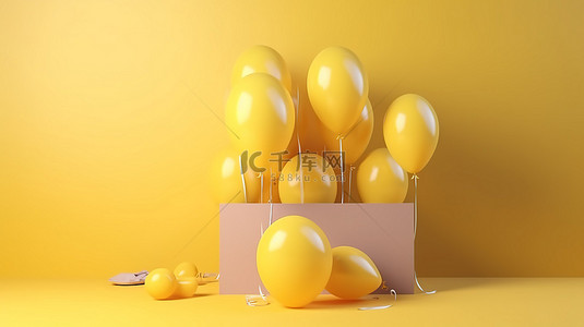 明亮的黄色气球，具有动态 3D 渲染空间，有充足的复制空间和包装礼物的背景