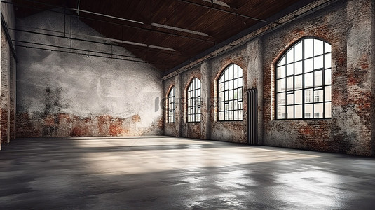 废弃的工厂仓库，一间蹩脚的阁楼，配有复古砖墙和抛光大理石地板 3D 室内概念设计