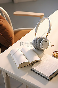 桌上有一本打开的书和打开的耳机