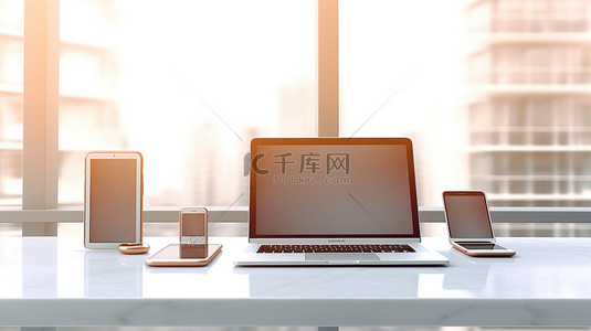 时尚办公桌上的技术三重奏笔记本电脑手机和平板电脑 3D 渲染