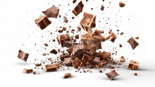 巧克力碎背景图片_巧克力块和碎片层叠到白色背景上的 3D 插图