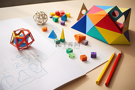 彩色的骰子背景图片_笔记本附近的彩色玩具和工具以及白桌上的书
