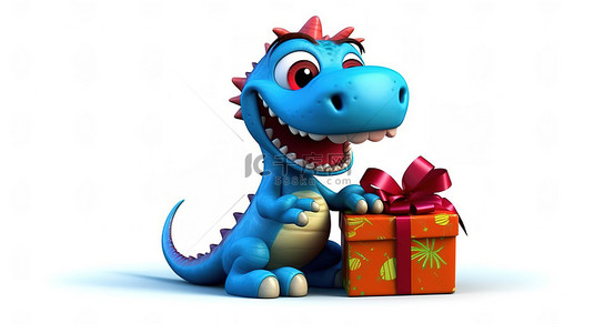 霸王龙可爱背景图片_可爱的 3D 恐龙，手里拿着礼物