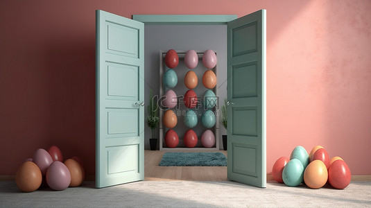 创意春节背景春节背景图片_复活节彩蛋通过 3D 渲染中敞开的门进入