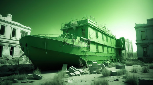 毁坏的房子作为 3D 渲染中绿色军事驱逐舰的背景