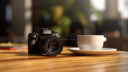 背景模糊的相机和咖啡杯的桌面场景 3D 渲染