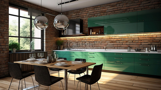 风格清新的厨房和用餐空间，配有阁楼美学郁郁葱葱的绿色座椅质朴的砖墙和 3D 可视化