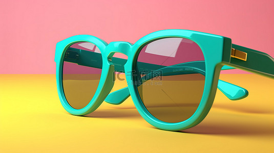 粉色的光背景背景图片_绿松石框偏光 3D 太阳镜，带粉色镜片，非常适合有趣的夏日派对或海滩度假，隔离在欢快的黄色背景样机 3D 渲染横幅上