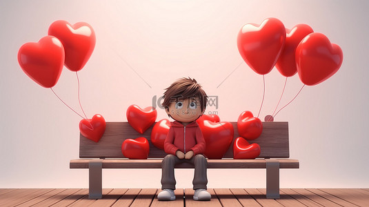 可爱的年轻人躺在 3D 长凳上，迷恋心形气球