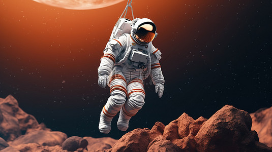 男人复制背景图片_具有复制空间的宇航员横幅在行星上漂流的抽象 3D 插图