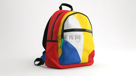 背包背景图片_白色背景 3D 渲染中的彩色学校城市背包