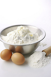 面团背景图片_面粉面团附近盛满面粉和鸡蛋的碗