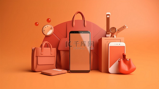 网店设计背景图片_网上购物电话信用卡和购物袋图标的 3d 插图