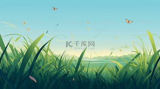 草原卡通图片背景图片_水稻绿色叶子简单海报背景