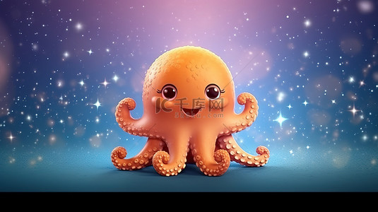 3D 渲染可爱的卡通章鱼，周围环绕着气泡和孤立的小星星