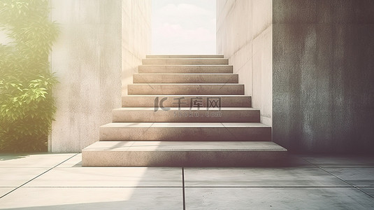 阳光混凝土楼梯的 3D 渲染是成长领导力和成功的创意之路
